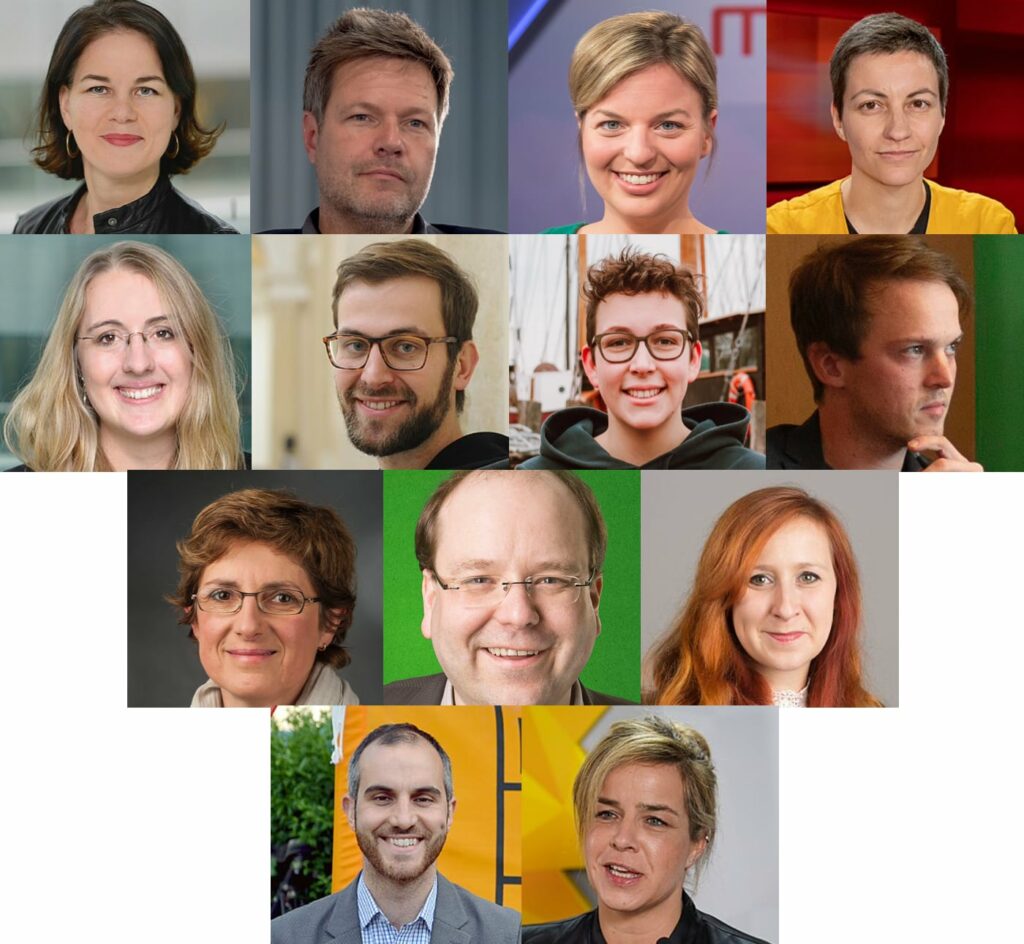 Collage aus Porträts des neuen Bundesparteirats: Annalena Bearbock, Robert Habeck, Katharina Schulze, Ska Keller, Katharina Dröge, Georg Kössler, Katharina Horn, Erik Marquardt, Britta Haßelmann, Christian Meyer, Franziska Schubert, Belit Onay, Mona Neubaur