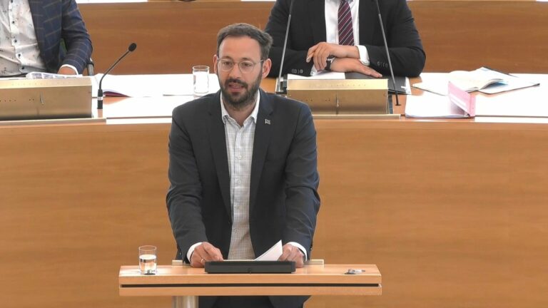 Auf dem Bild ist Daniel am Redepult im Landtag zu sehen.