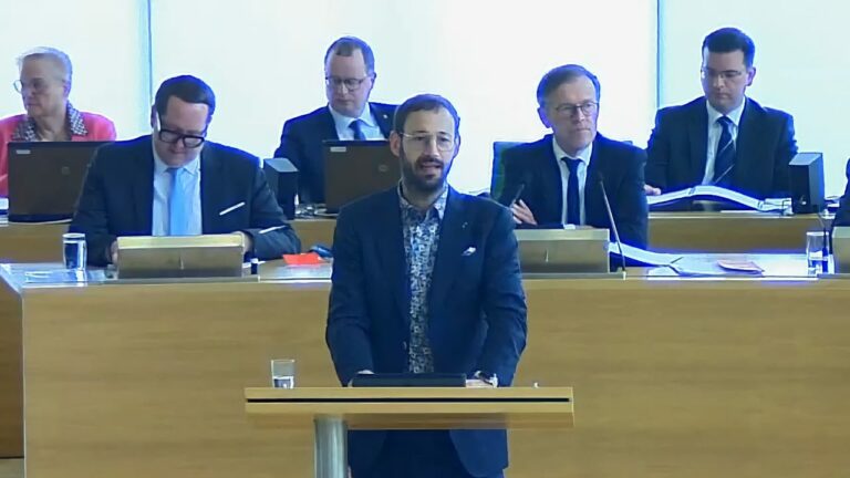 Auf dem Bild ist Daniel zu seiner Rede am Redepult im Sächsischen Landtag zu sehen.